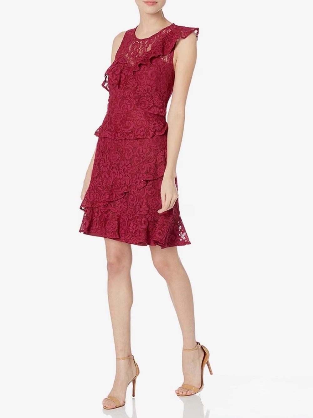 NWT Adelyn Rae Women’s Colleen Berry Red Woven Lace Ruffle Dress, Size S
